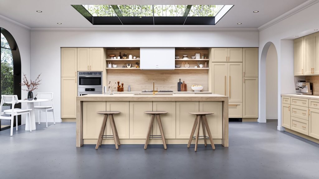 Macadamia Beige transitional shaker kitchen cabinets from the Fabuwood Fusion collection