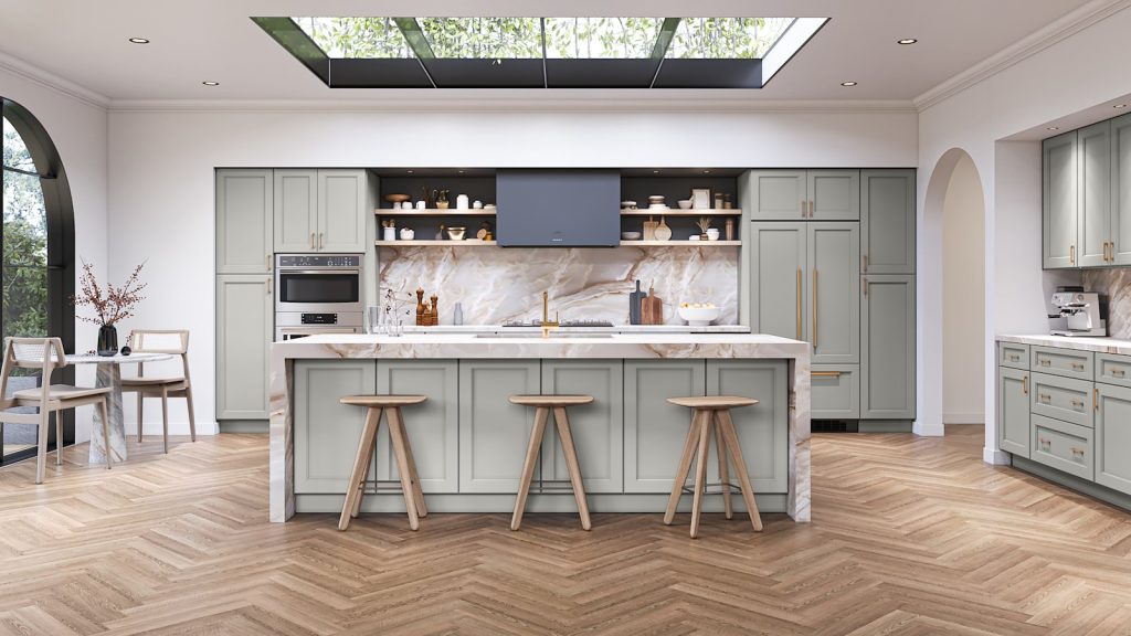 Nickel transitional shaker kitchen cabinets with white marble counters and island, a skylit room, open shelving and a concrete floor. Fabuwood Fusion.