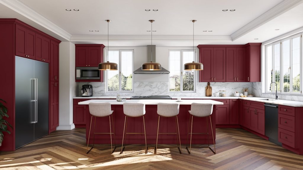 Cabernet Red classic shaker kitchen cabinets from the Fabuwood Galaxy collection