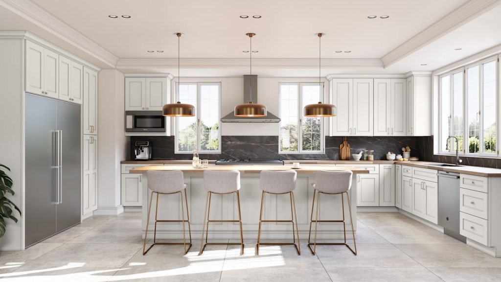 Cloud White classic shaker kitchen cabinets with a dark backsplash, copper dome pendants and stainless appliances. Fabuwood Galaxy.