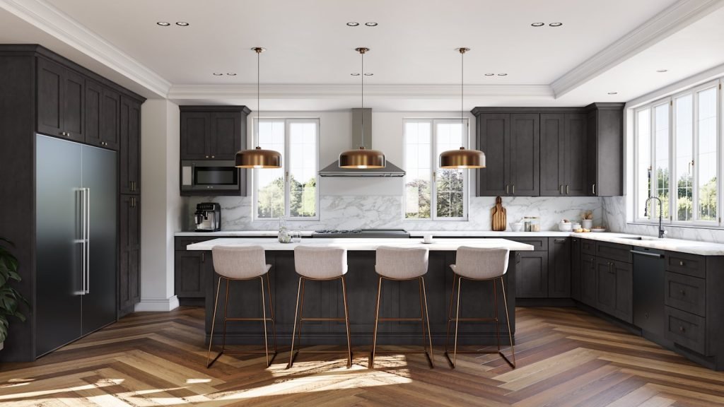 Cobblestone classic shaker kitchen cabinets with white marble counters and island, copper dome pendants and stainless appliances. Fabuwood Galaxy.