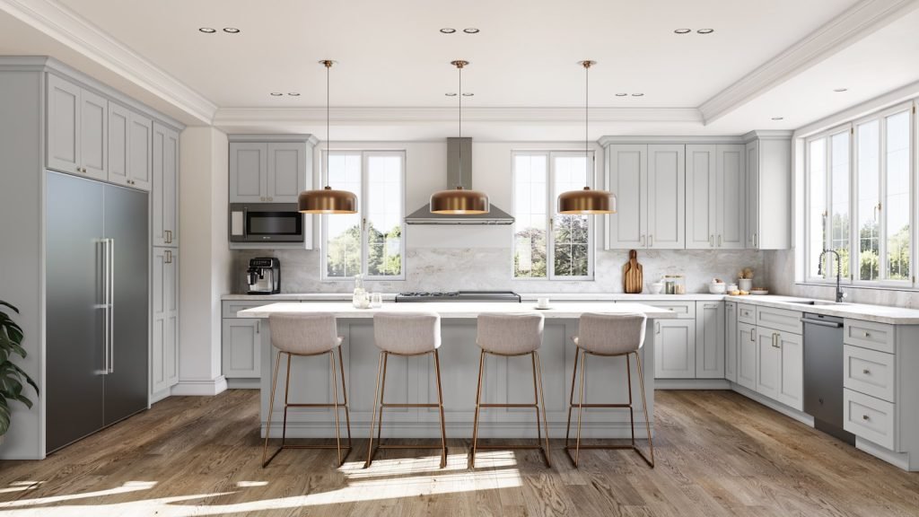 Nickel classic shaker kitchen cabinets with white marble counters and island, copper dome pendants and stainless appliances. Fabuwood Galaxy.