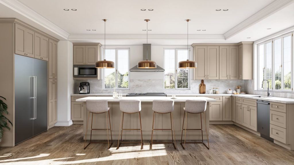 Oyster classic shaker kitchen cabinets with a dark backsplash, copper dome pendants and stainless appliances. Fabuwood Galaxy.