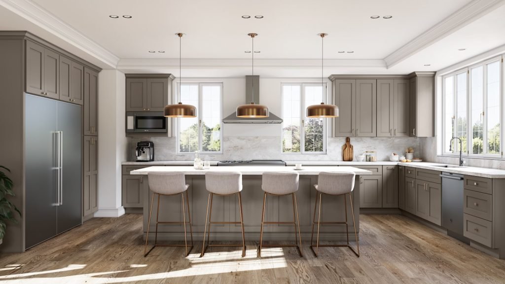 Stone classic shaker kitchen cabinets with white marble counters and island, copper dome pendants and stainless appliances. Fabuwood Galaxy.
