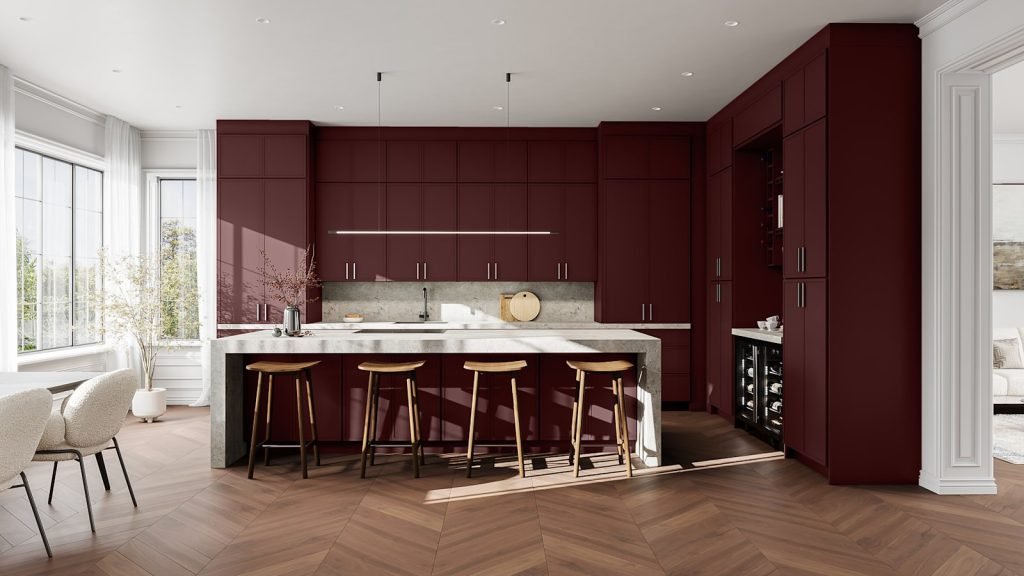 Cabernet Red slim shaker kitchen cabinets from the Fabuwood Luna collection