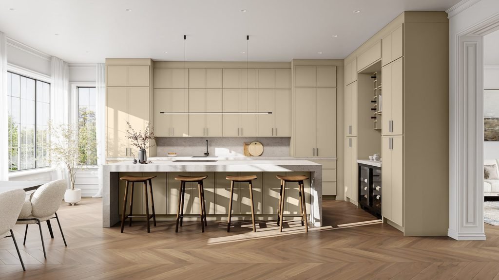 Macadamia Beige slim shaker kitchen cabinets with a contrasting charcoal island, a herringbone wood floor. Fabuwood Luna.