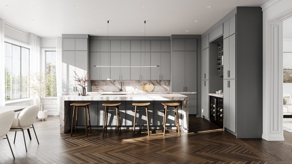 Nickel slim shaker kitchen cabinets with white marble counters and island, a herringbone wood floor. Fabuwood Luna.