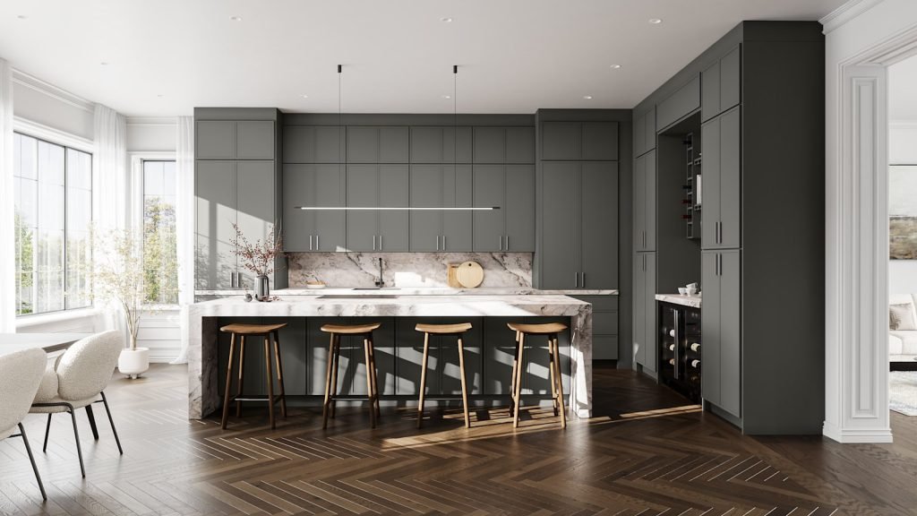 Stone slim shaker kitchen cabinets with white marble counters and island, a herringbone wood floor. Fabuwood Luna.
