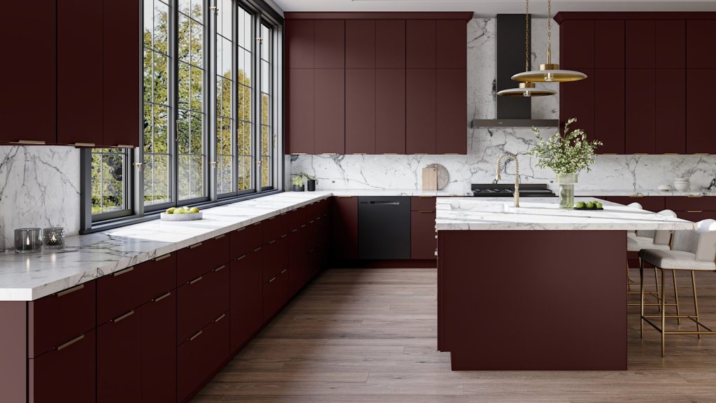 Cabernet Red flat panel slab kitchen cabinets from the Fabuwood Luxe collection