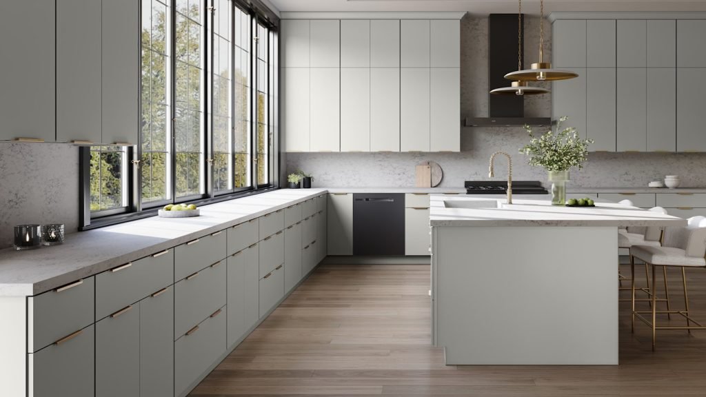 Cloud White flat panel slab kitchen cabinets with black framed windows and long brass bar pulls. Fabuwood Luxe.