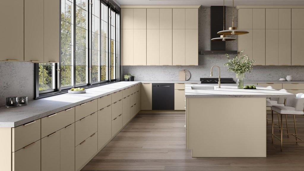 Macadamia Beige flat panel slab kitchen cabinets from the Fabuwood Luxe collection