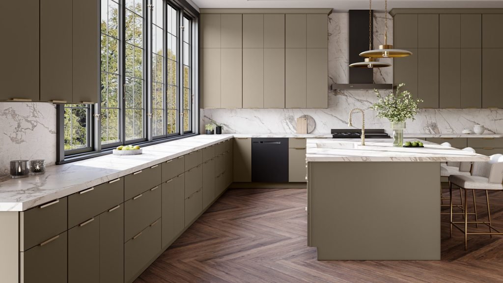 Oyster flat panel slab kitchen cabinets with black framed windows and long brass bar pulls. Fabuwood Luxe.