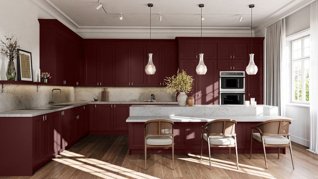 Cabernet Red wide shaker kitchen cabinets from the Fabuwood Nexus collection