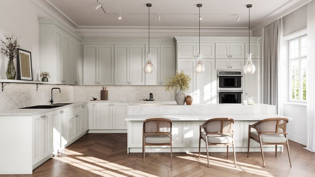 Cloud White wide shaker kitchen cabinets with a matte black faucet and a herringbone floor. Fabuwood Nexus.