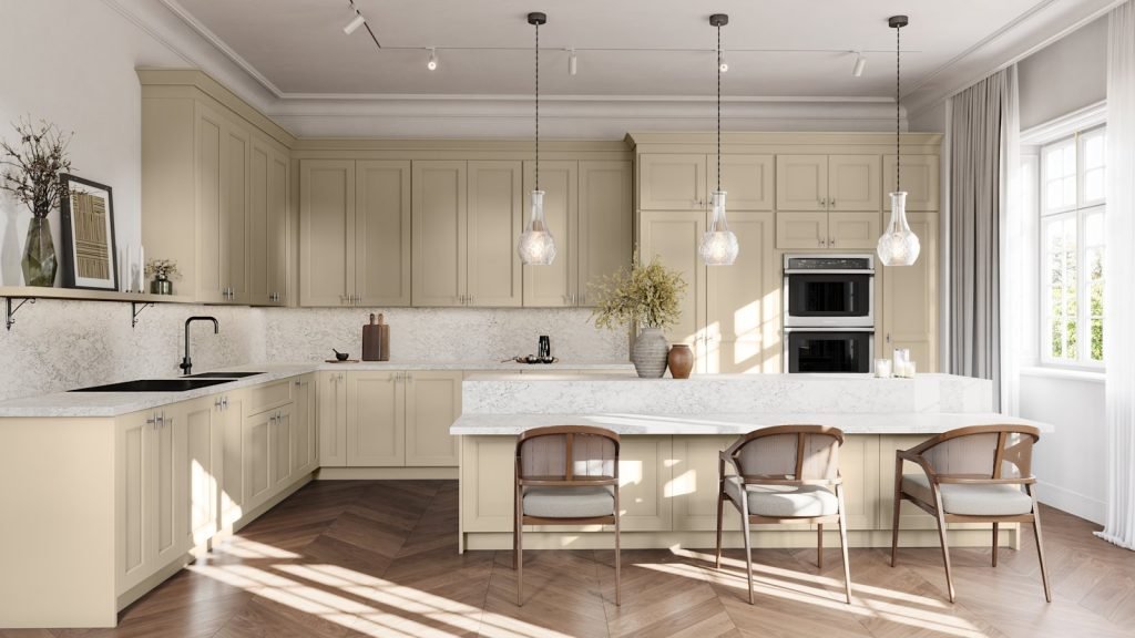 Macadamia Beige wide shaker kitchen cabinets from the Fabuwood Nexus collection