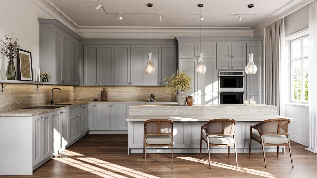 Nickel wide shaker kitchen cabinets with white marble counters and island, a matte black faucet and a herringbone floor. Fabuwood Nexus.