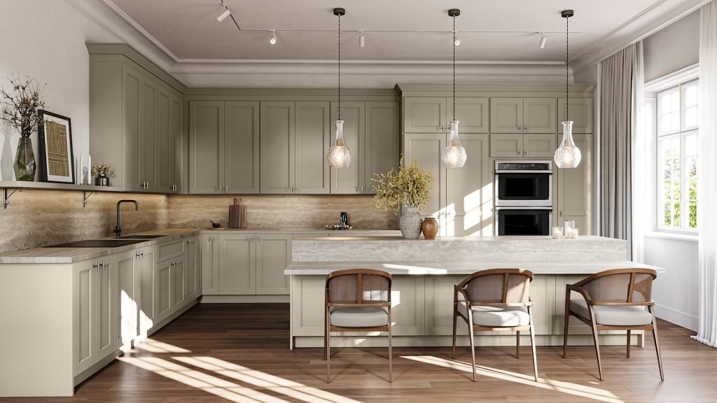 Oyster wide shaker kitchen cabinets with a matte black faucet and a herringbone floor. Fabuwood Nexus.