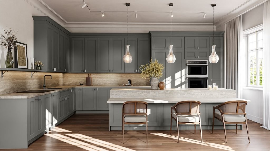 Stone wide shaker kitchen cabinets from the Fabuwood Nexus collection