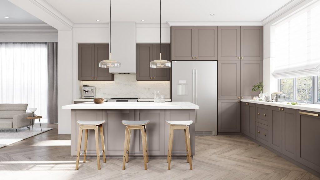 Basalto frameless wide shaker kitchen cabinets with a white perimeter and island below contrasting tall cabinetry, a marble backsplash and a wood floor. Fabuwood Tuscany.