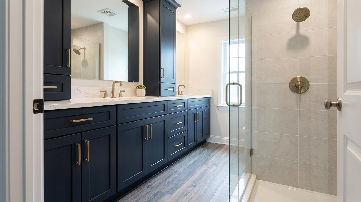 Modern walk in shower with glass enclosure