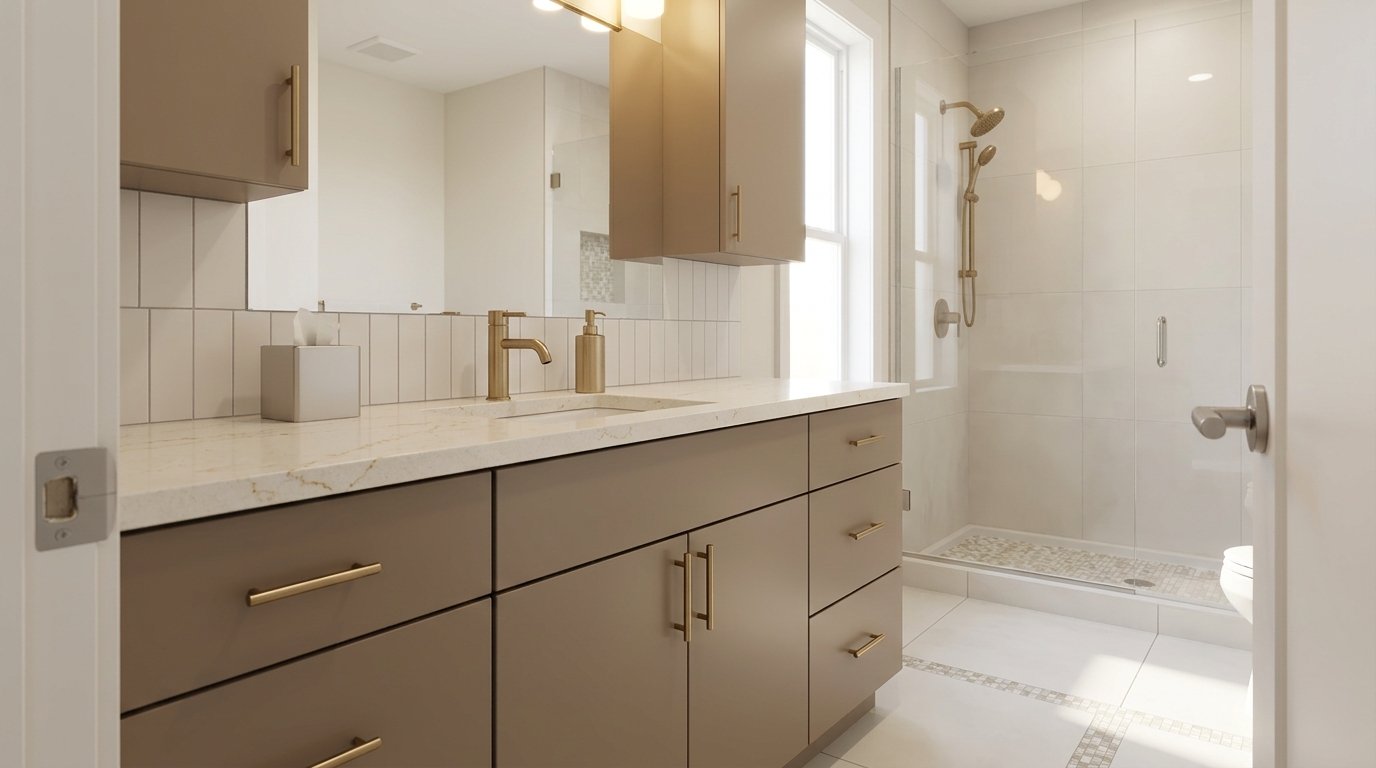 Compact corner shower with glass doors