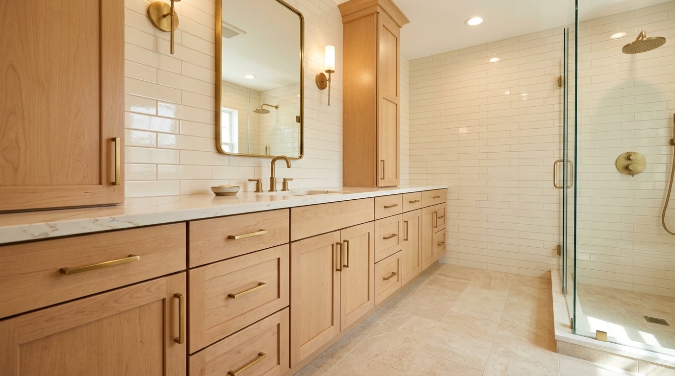 Contemporary bathroom with tiled walk in shower