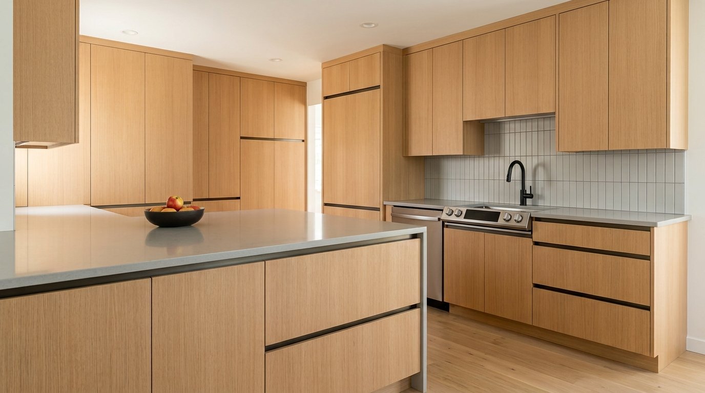 Contemporary kitchen with flat front cabinets