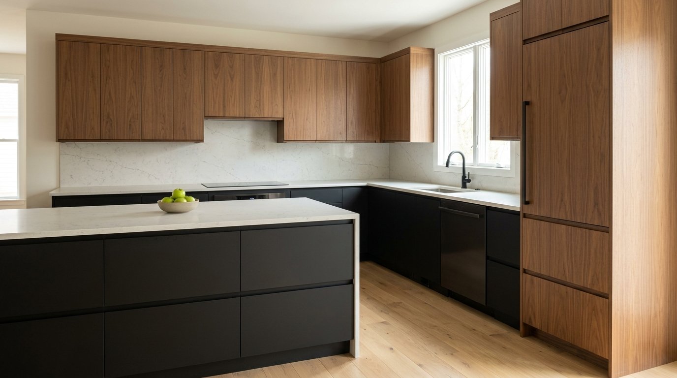 Contemporary kitchen with sleek hardware and island