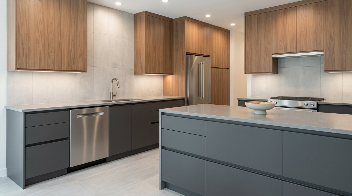 Open concept contemporary kitchen with island seating
