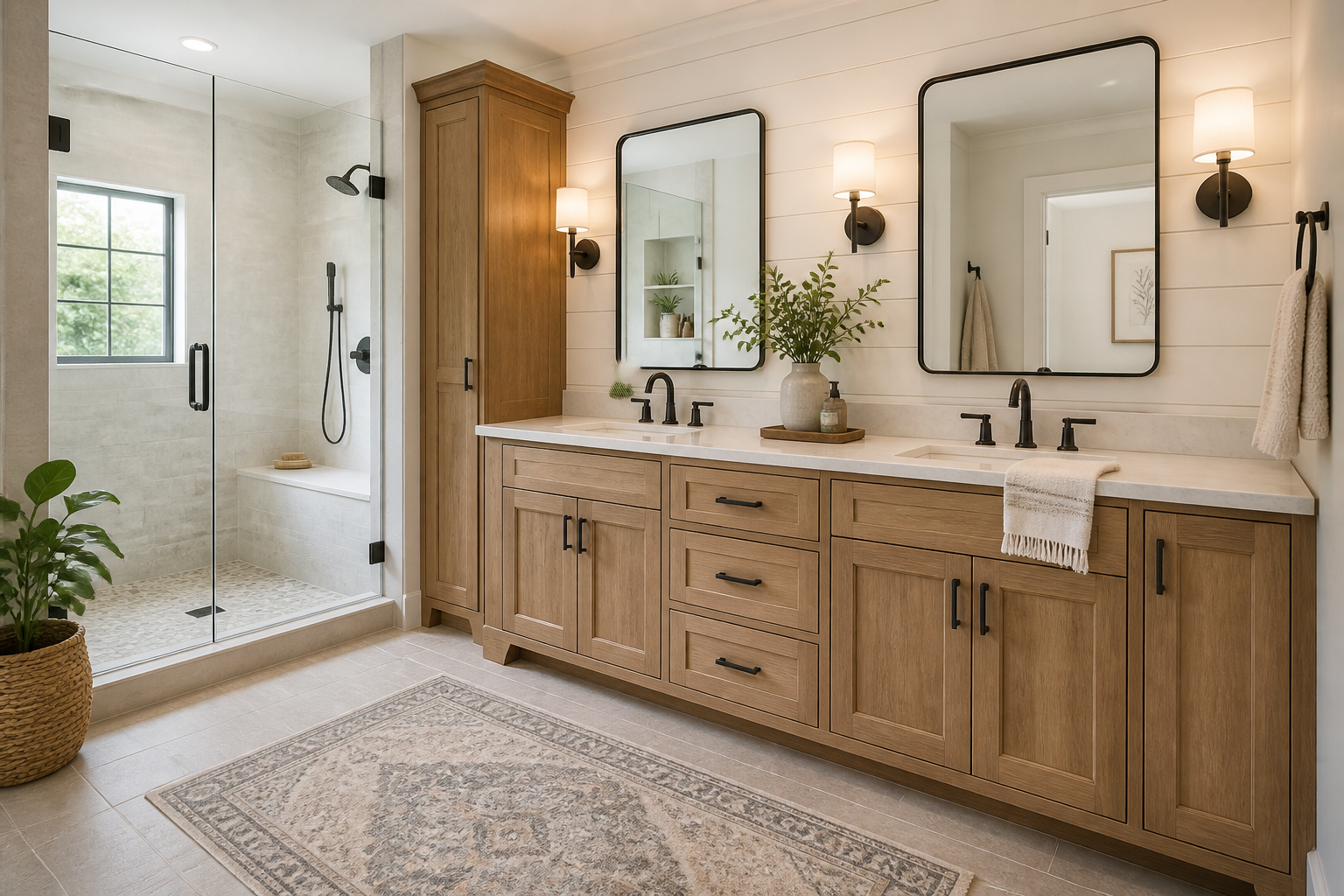Floating vanity in bright modern bathroom