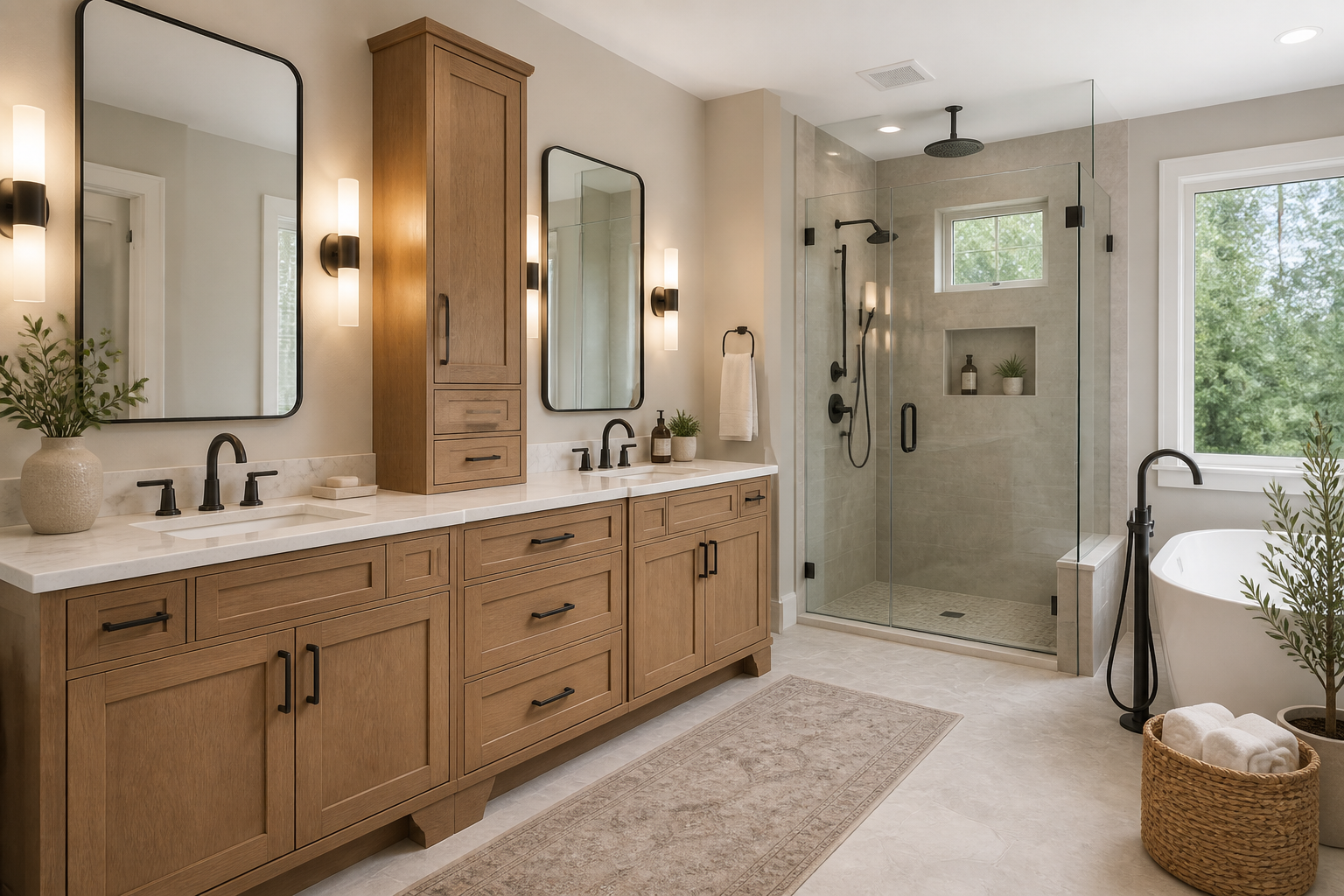 Rustic wood vanity in cozy bathroom