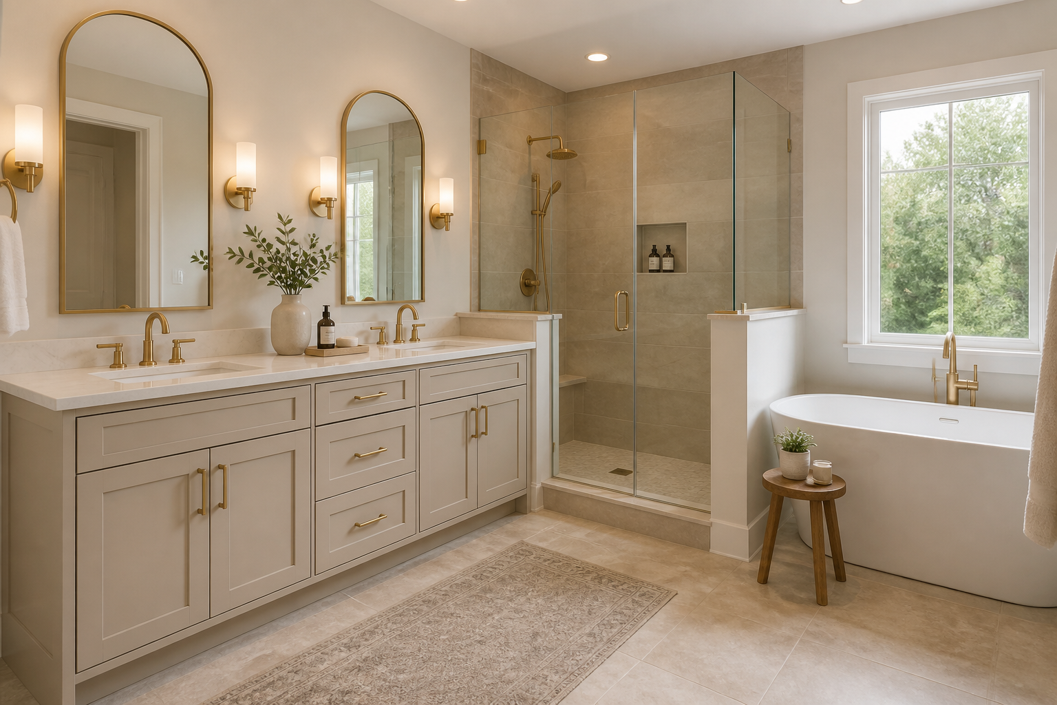 Clay and greige bathroom vanity cabinetry