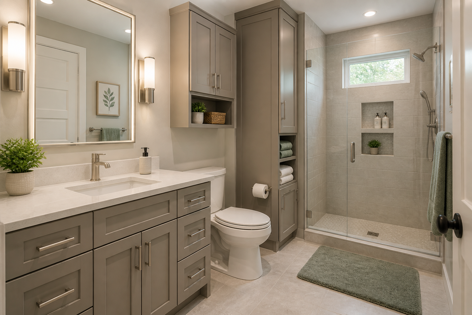 Floating vanity in compact bathroom