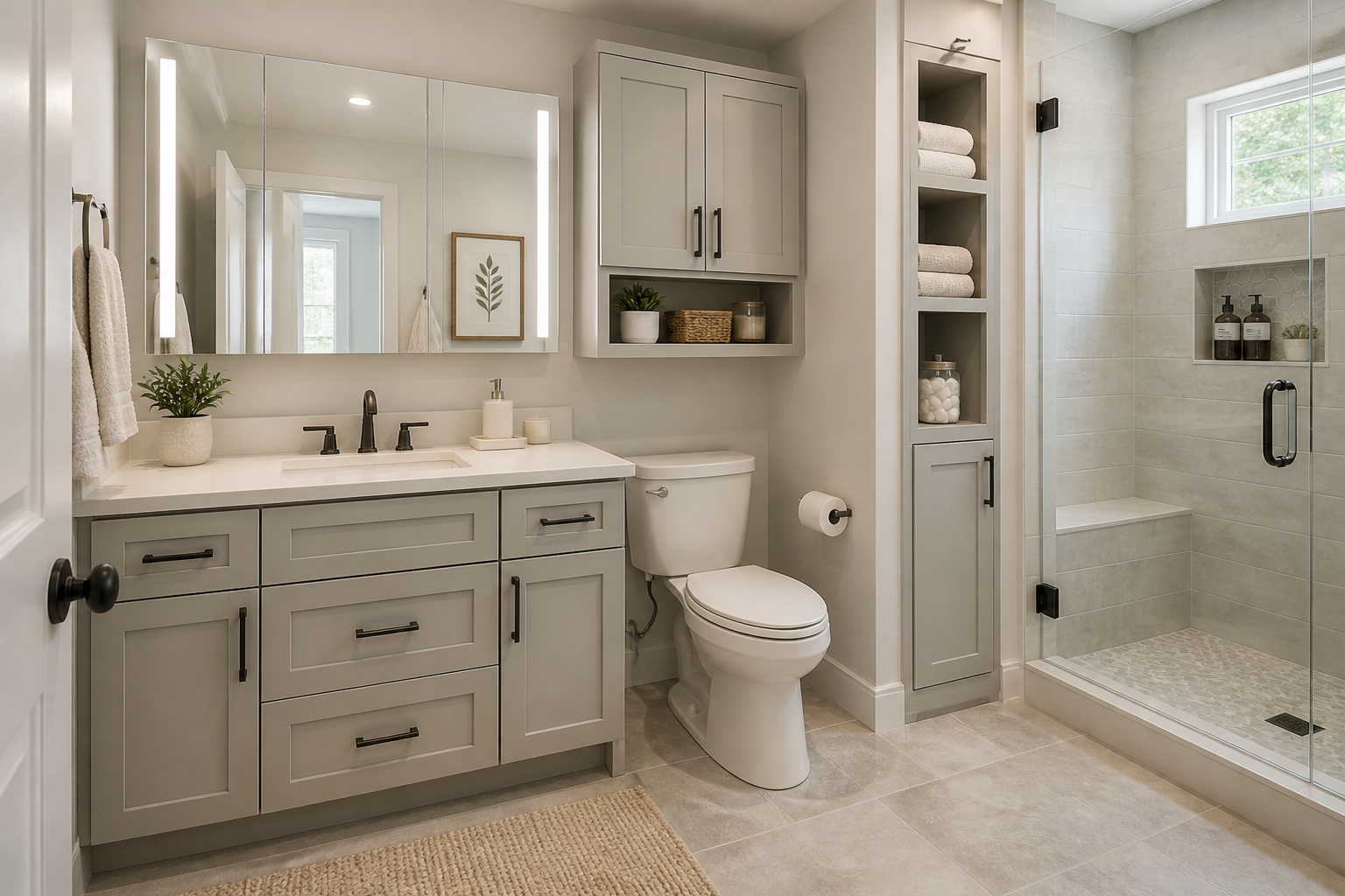 Tall linen tower and over toilet storage