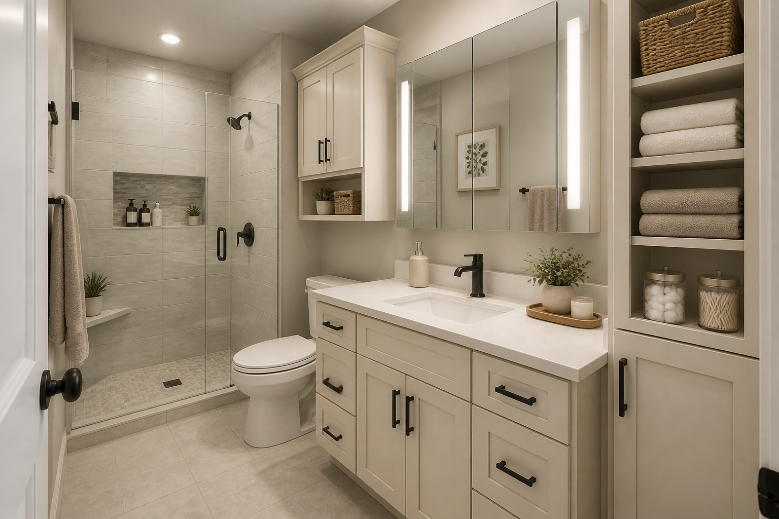 Organized small bathroom with built in storage