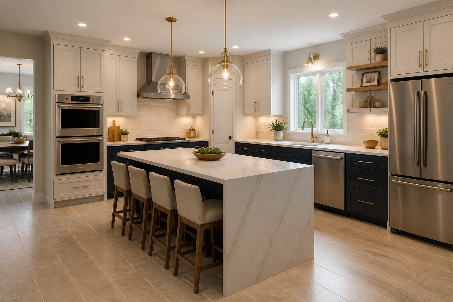 Two tone cabinets with warm palette
