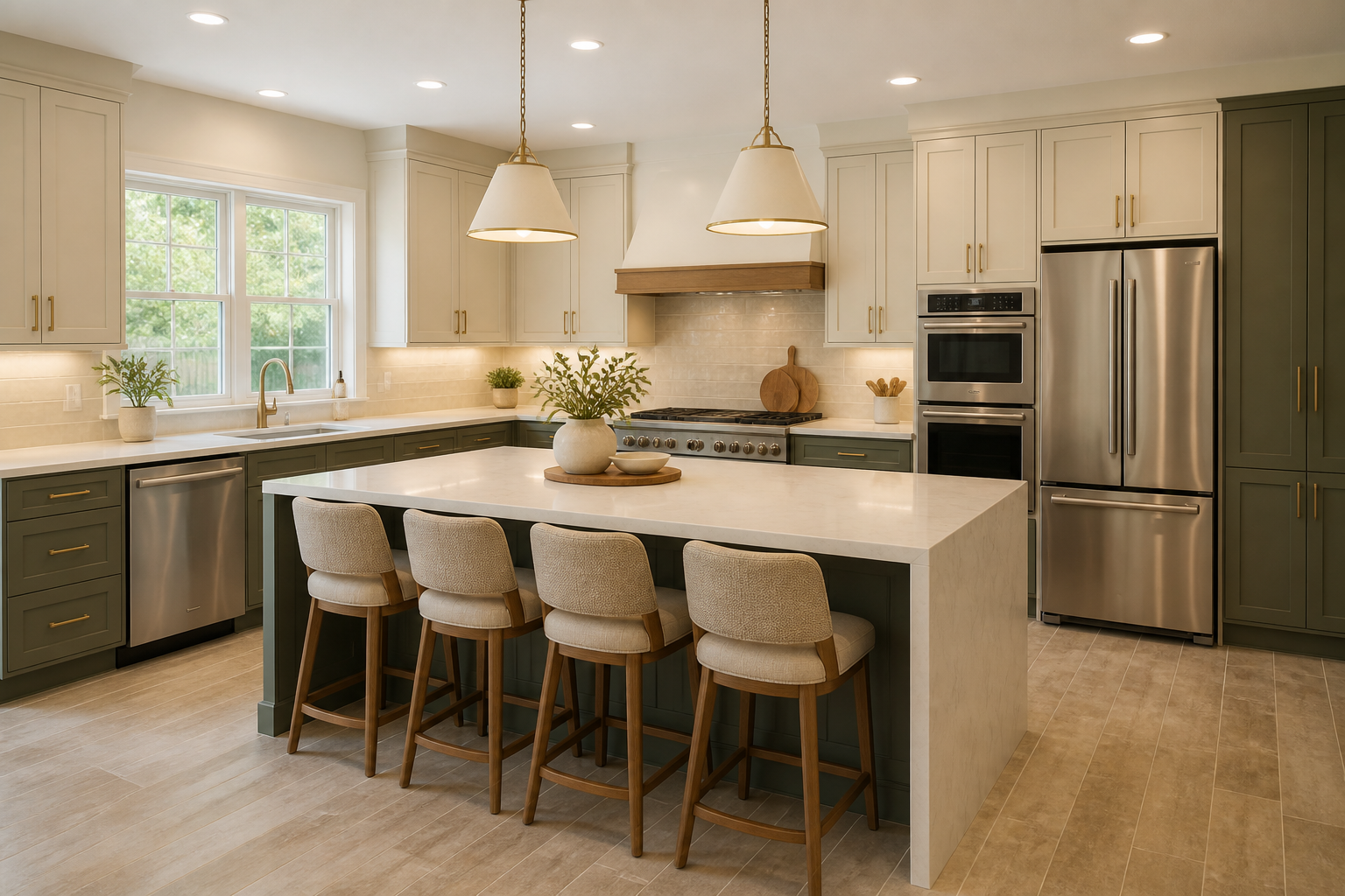 Layered kitchen lighting with warm pendants