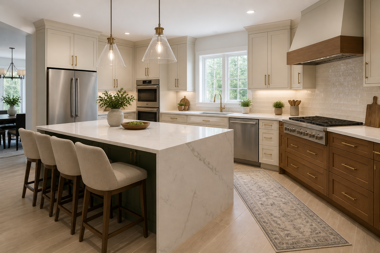 Coordinated countertops backsplash and tile flooring