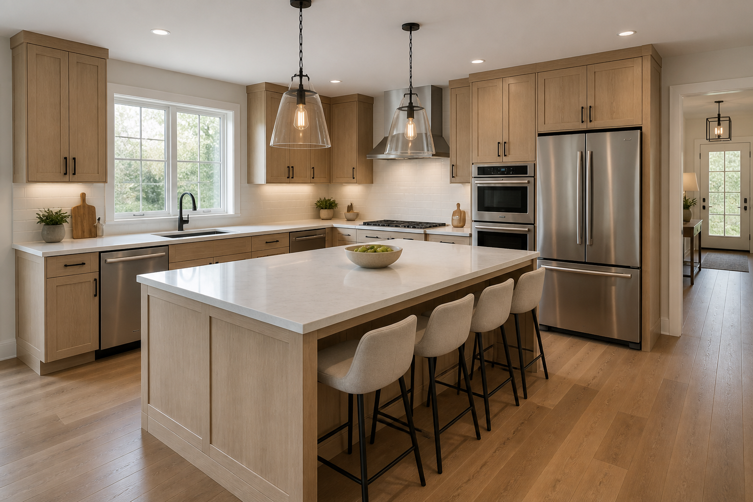 Spacious kitchen with walnut island cabinets