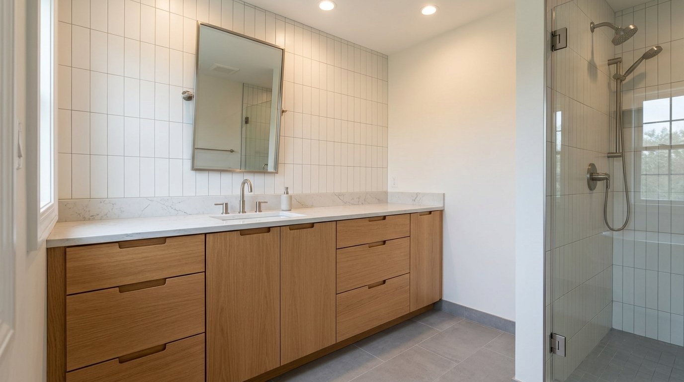Bathroom vanity with quartz countertop and fixtures