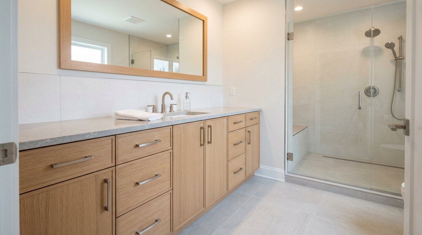 Walk in shower with tile floor and glass panel