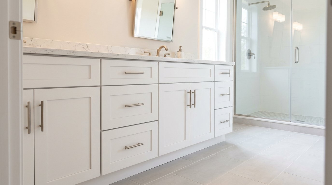 Bright walk in shower with glass and tile