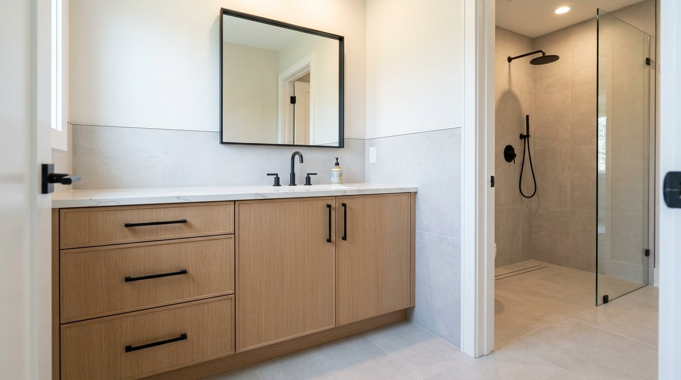 Coordinated vanity and walk in shower design