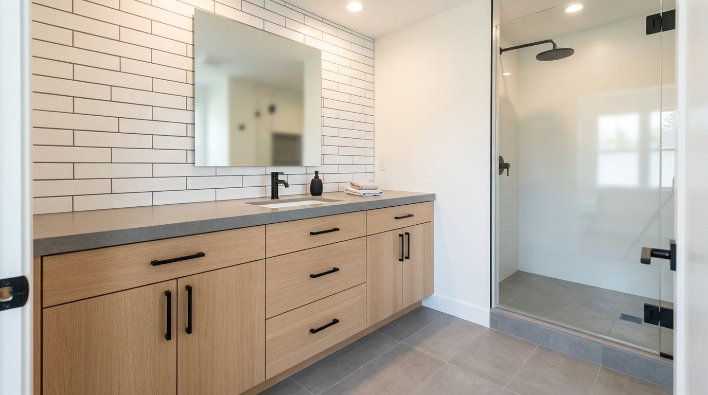 Modern walk in shower with clear glass door