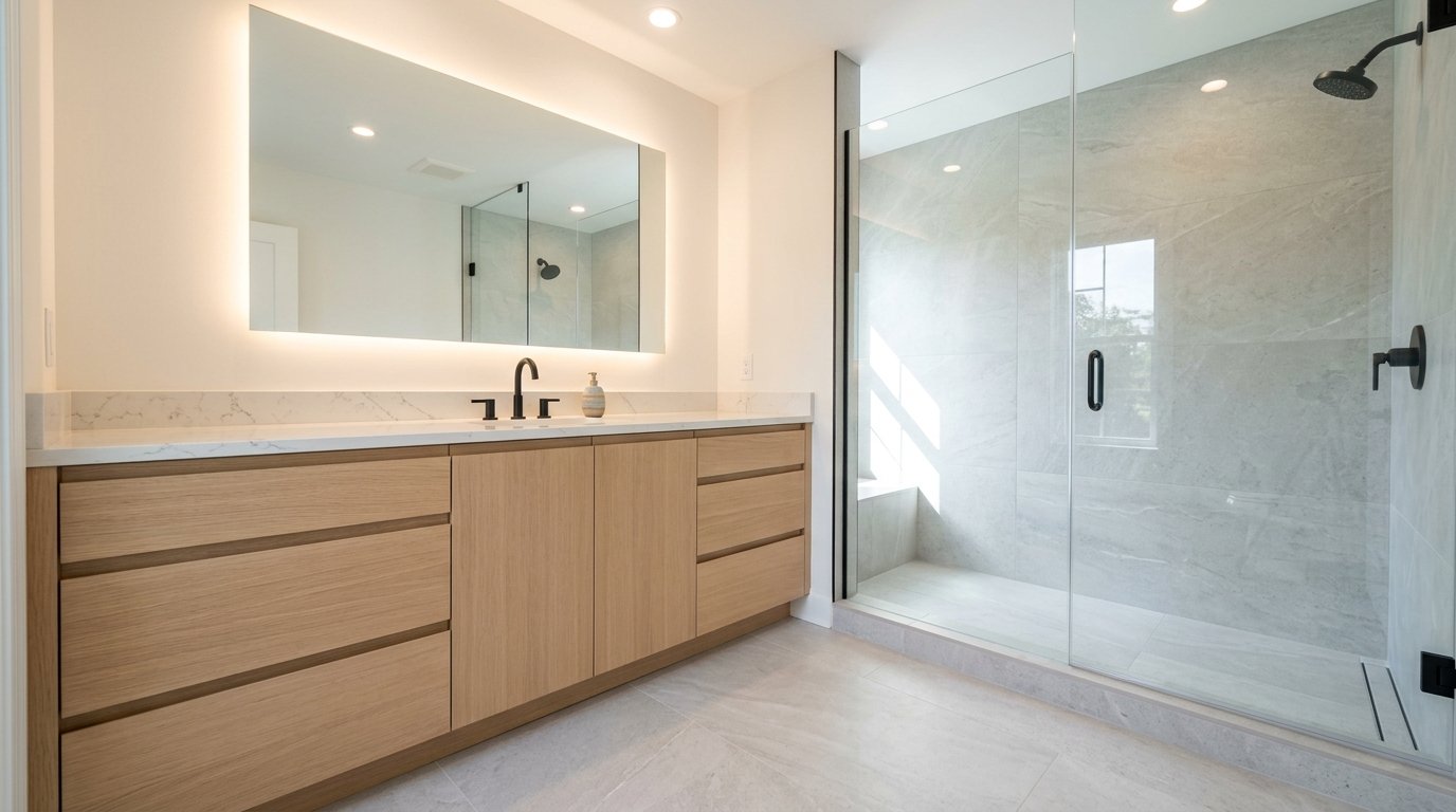 Bathroom with sliding glass walk in shower door