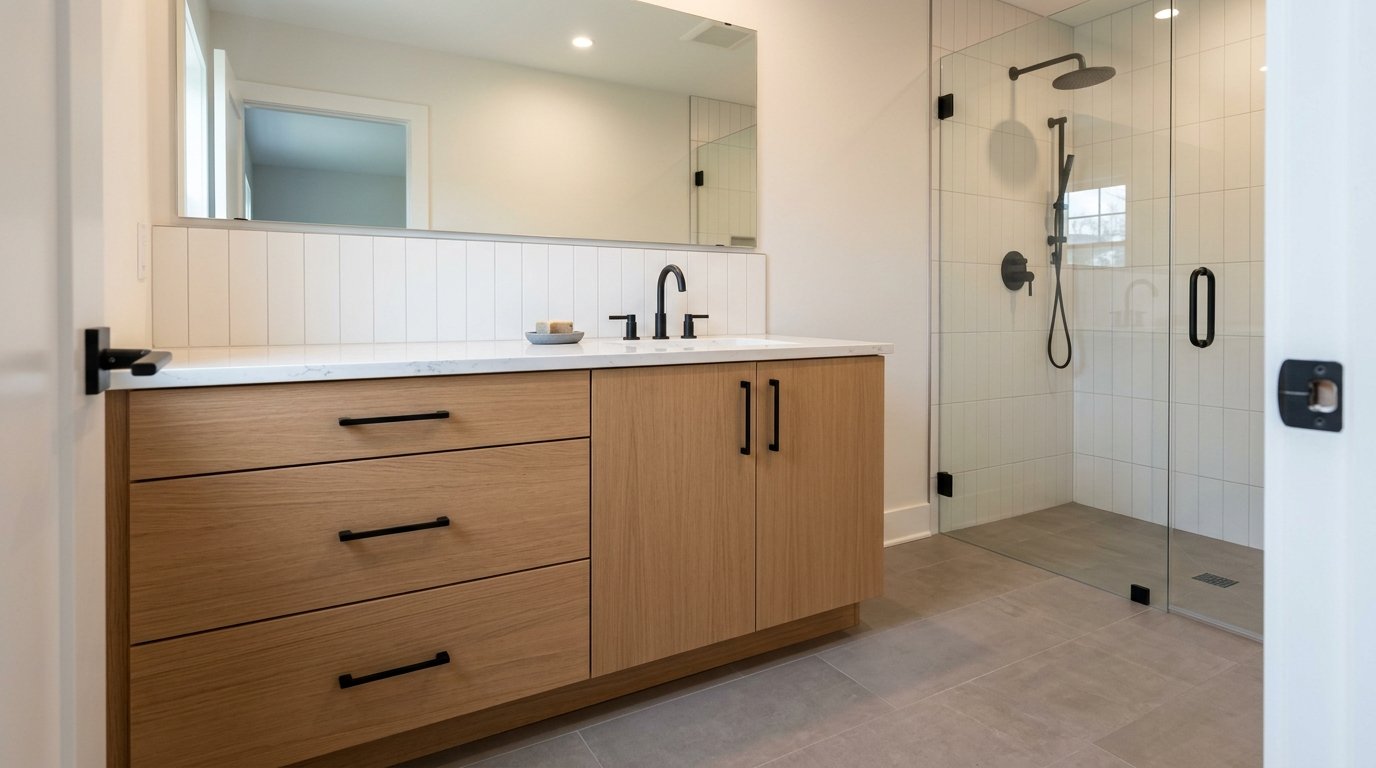 Curbless walk in shower with glass door and bench