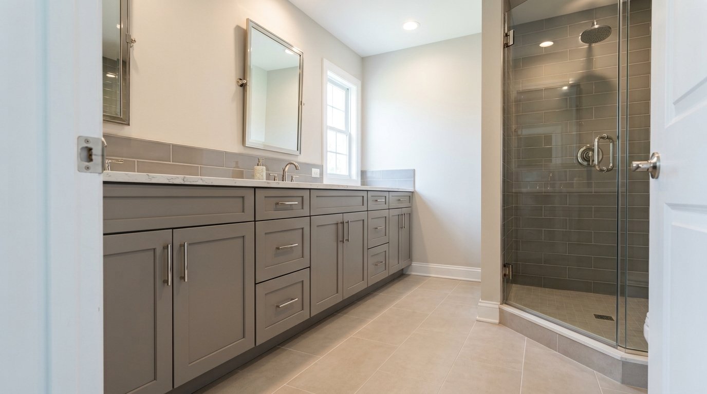 Primary bathroom with frameless glass walk in shower