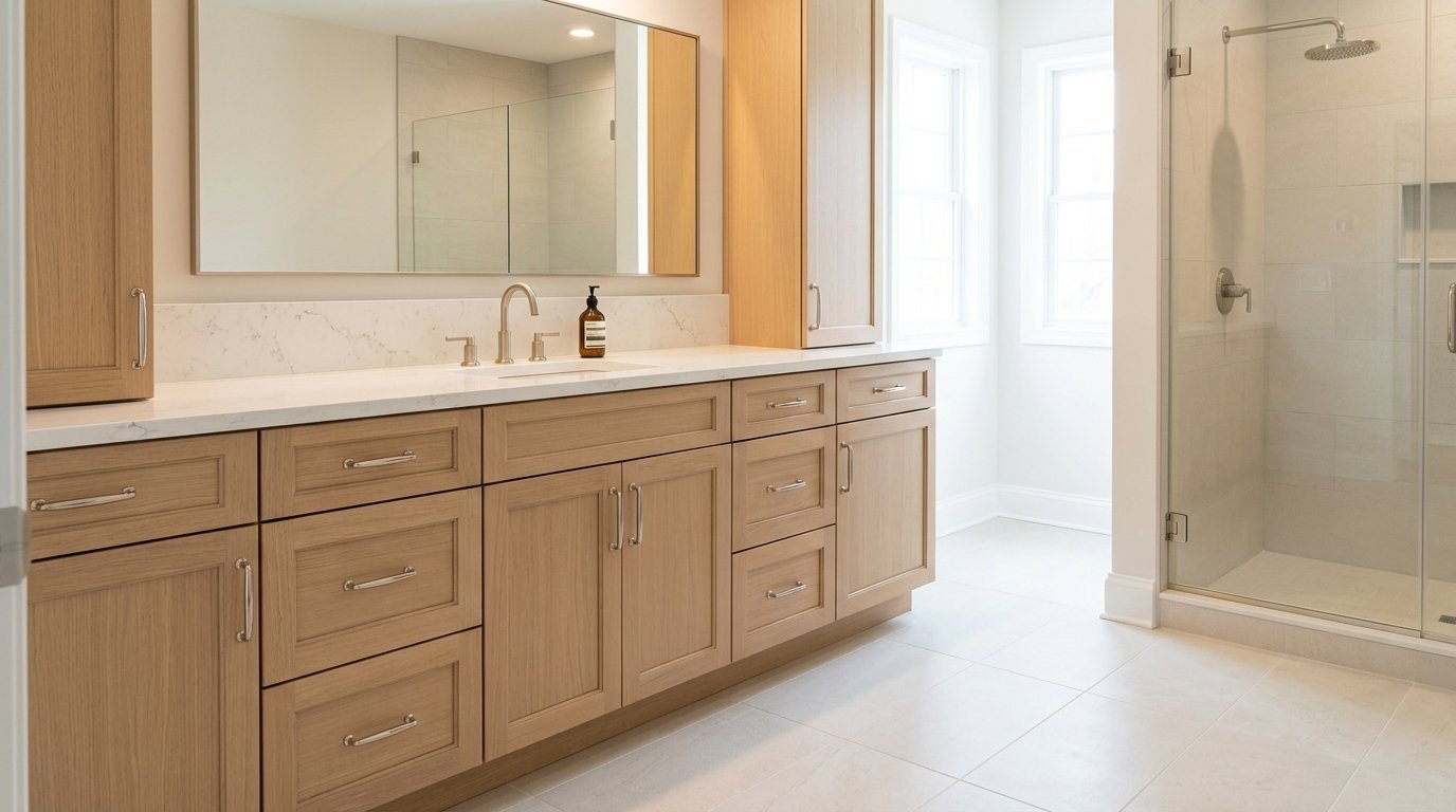 Closeup of natural stone bathroom vanity top