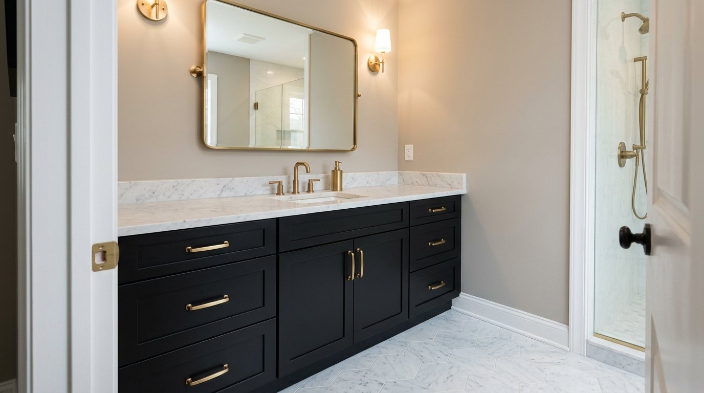 Close-up of black bathroom vanity finish and hardware