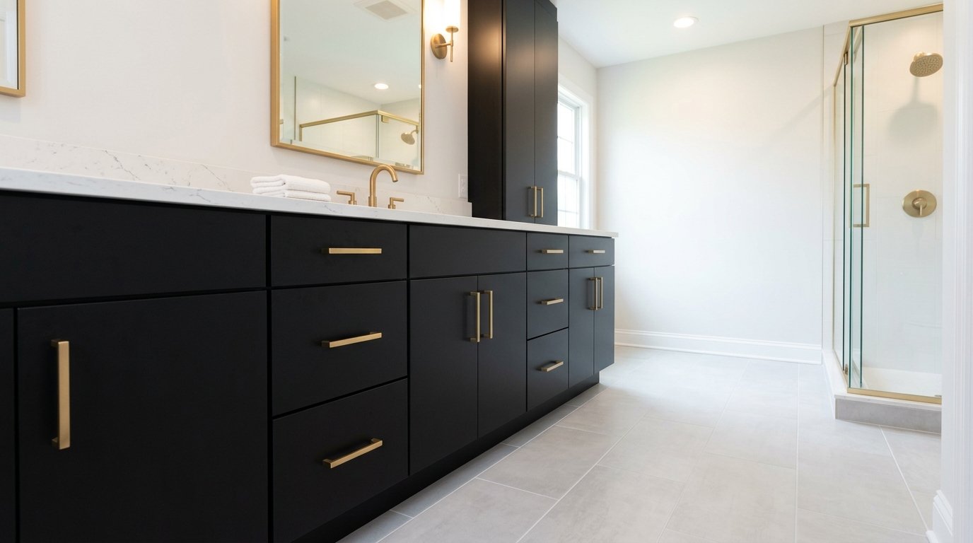 Bathroom layout with black vanity and ample storage